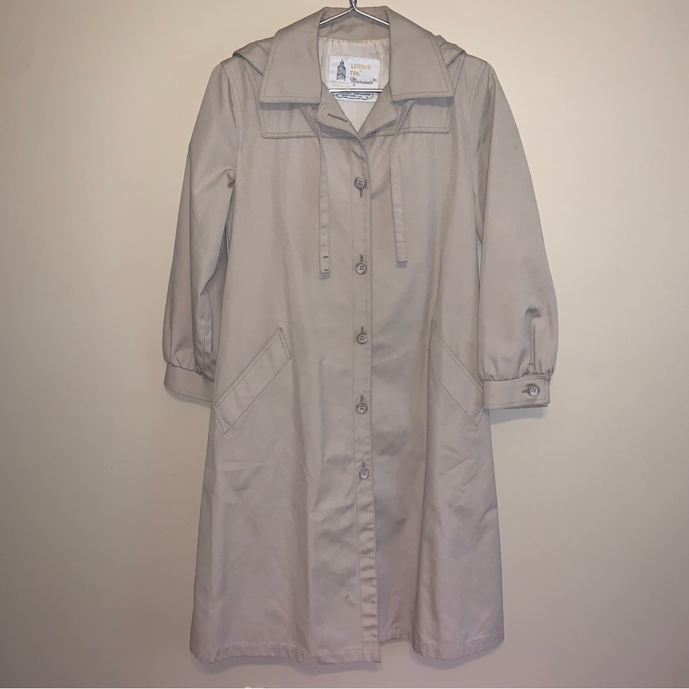 London Fog Trench Coat Petite Khaki Vintage Long Hooded Preppy Made in USA